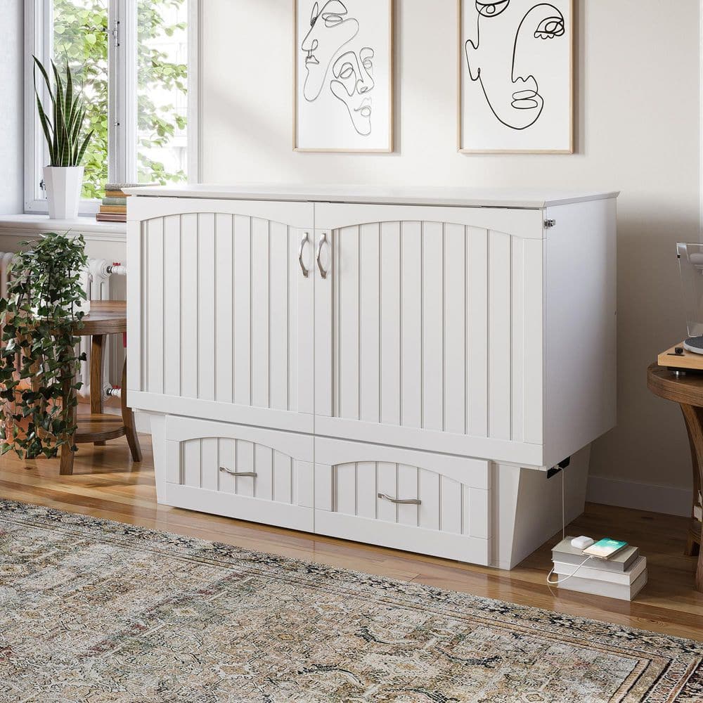 Marina White Full Murphy Bed Chest with Storage and Charger