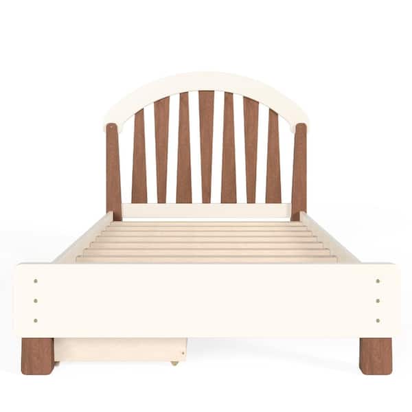 Beige Wood Frame Twin Platform Bed with Storage Drawer and Round Headboard, No Box Spring Needed