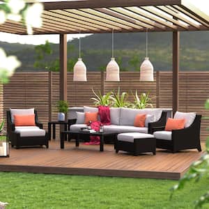 Deco 8-Piece All Weather Wicker Patio Sofa and Club Chair Conversation Set with Sunbrella Cast Coral Cushions