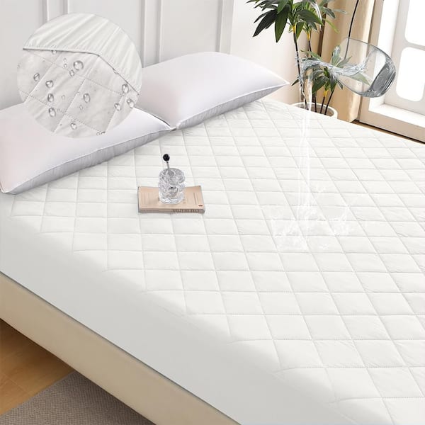 White Polyester Protector Diamond Grid Ultrasonic Waterproof Quilted Fitted Sheet-Size F