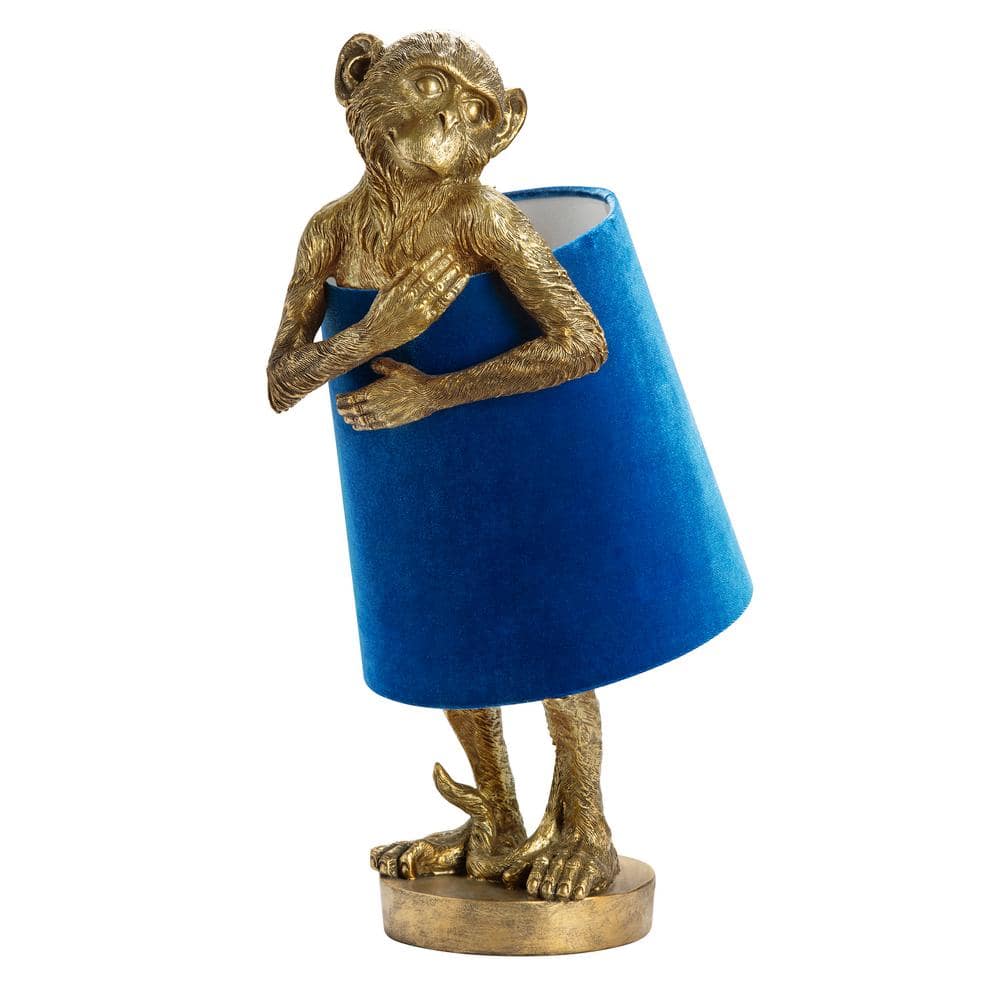Gold Resin Monkey Table Lamp with Blue Velvet Shade