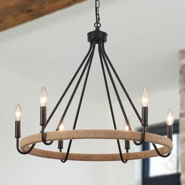 6-Light Black Candlestick Wagon Wheel Chandelier Hemp Rope Linear Chandelier Lighting for Kitchen Island