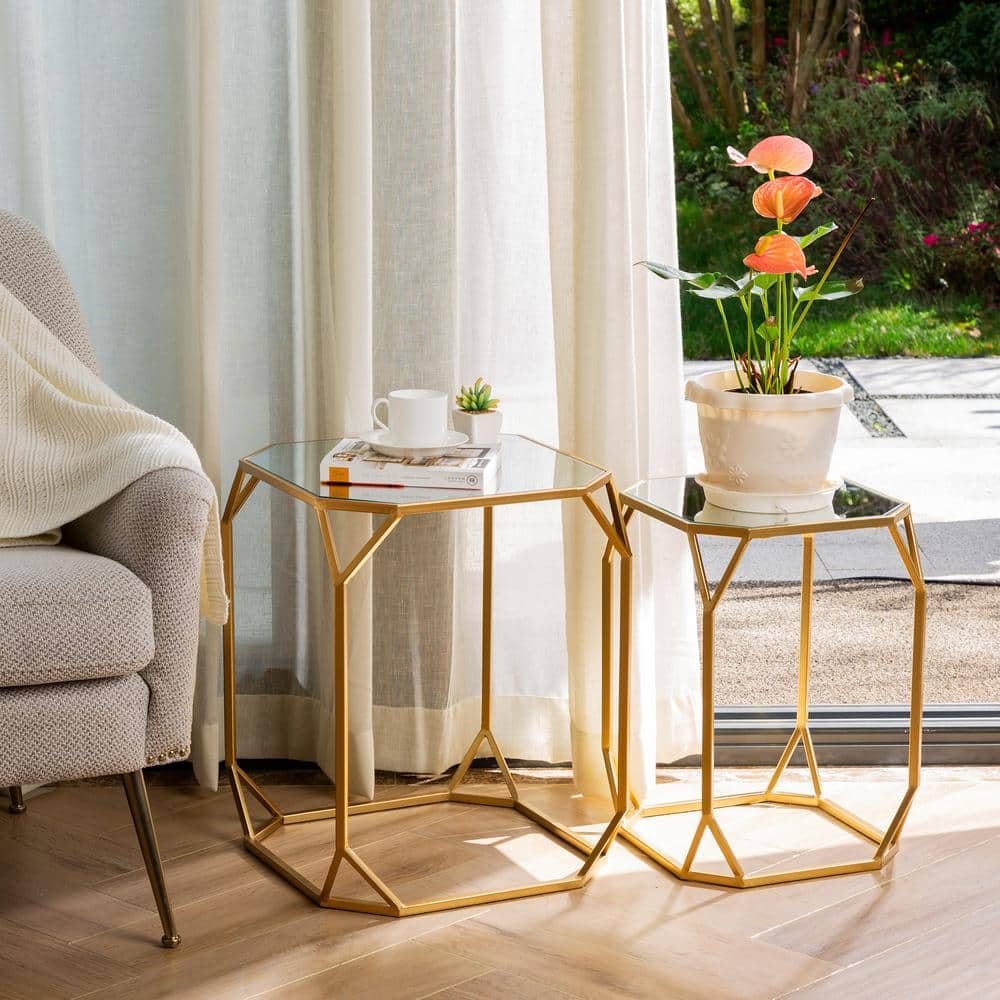 Gold Metal and Glass Nesting Coffee Tables Set