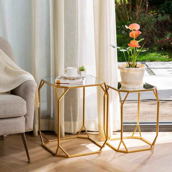 Glitzhome Gold Metal with Glass Accent Table (Set of 2)