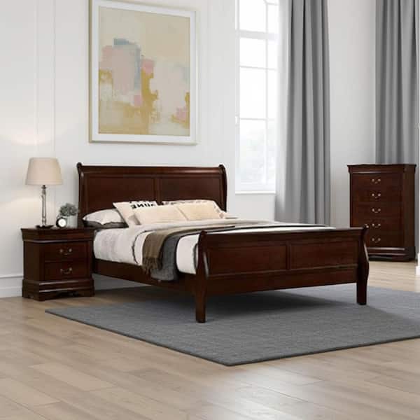 Poy 3-Piece Cherry Brown Wood Full Size Bedroom Set with Metal Hanging Pulls