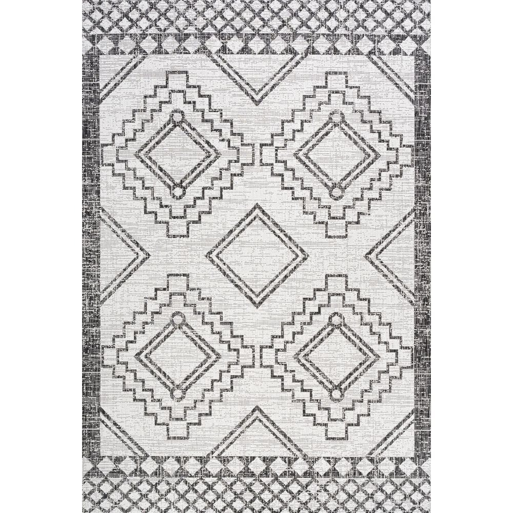Ivory/Black Geometric Synthetic 3x5 Indoor/Outdoor Area Rug