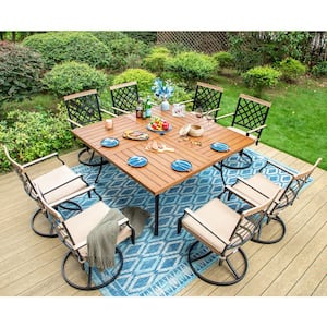9-Piece Metal Outdoor Dining Set with Square Table and Swivel Chairs with Beige Cushions