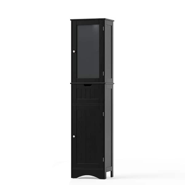 16 in. W x 12 in. D x 67 in. H Black Bathroom Tall Freestanding Linen Cabinet Tower with Doors and Drawer