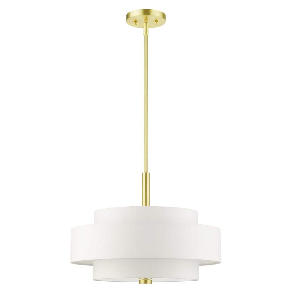 Satin Brass 4-Light Drum Chandelier with Off-White Shade