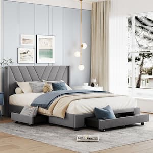 Gray Wood Frame Queen Size Linen Upholstered Platform Bed with 3-Drawers