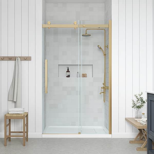 Bel Soft Close 48 in. W x 78.75 in. H Alcove Sliding Frameless Shower Door in Gold