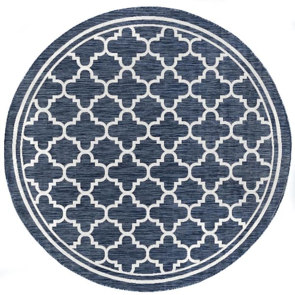 Eco Geometric Navy 8 ft. Round Indoor/Outdoor Area Rug