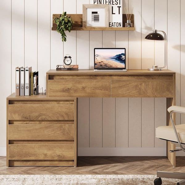 BYBLIGHT Moronia 63 in. Rectangle Brown Wood 5-Drawer Computer