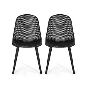 Minimalistic Design Polypropylene Outdoor Dining Chair with Clean-Cut Lines and Diamond Mesh Pattern in Black (Set of 2)