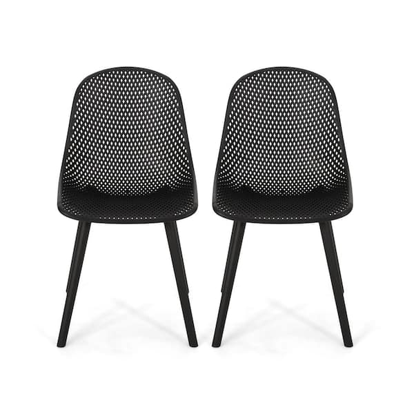 Misopily Minimalistic Design Polypropylene Outdoor Dining Chair with Clean-Cut Lines and Diamond Mesh Pattern in Black (Set of 2)
