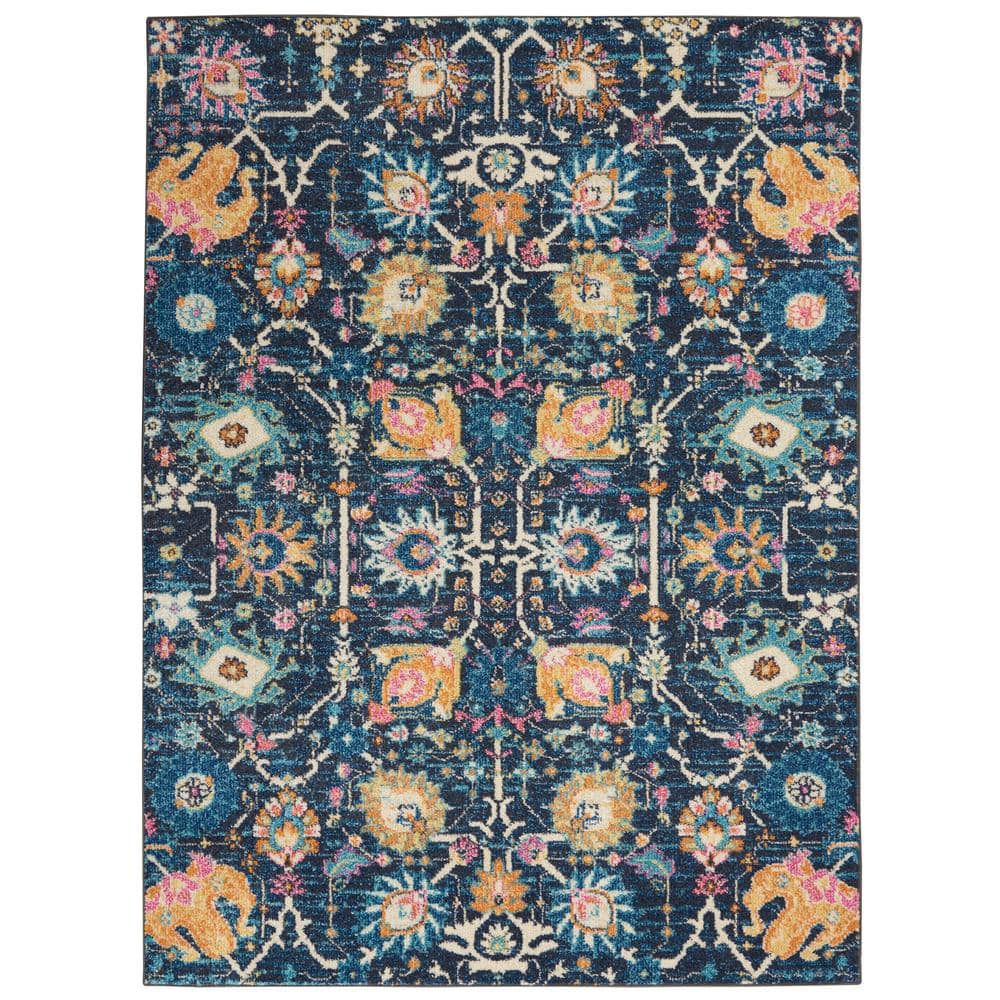Navy Floral Whimsy 10' x 14' Synthetic Easy-Care Area Rug