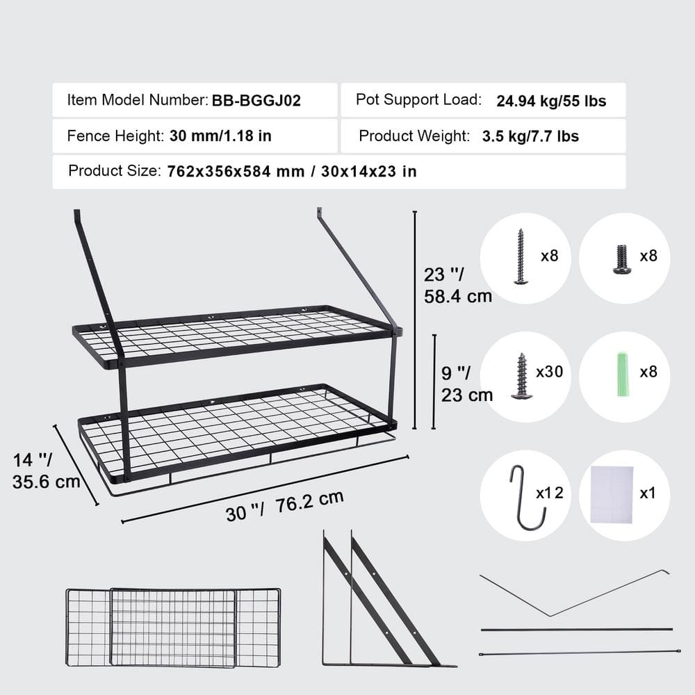 Black Carbon Steel Wall-Mounted Pot Rack with 12 Hooks