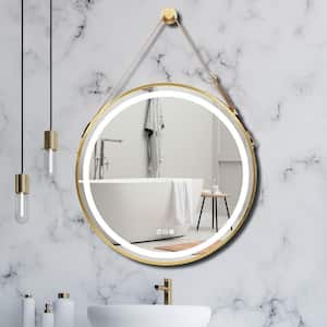 24 in. W x 24 in. H Round Aluminum Framed Antifog 3-Color Dimmable LED Lighted Wall Hanging Bathroom Vanity Mirror Gold