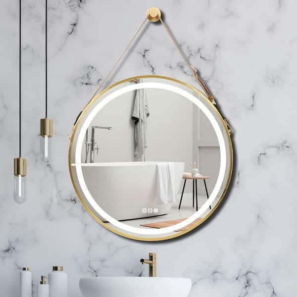 Wisfor 24 in. W x 24 in. H Round Aluminum Framed Antifog 3-Color Dimmable LED Lighted Wall Hanging Bathroom Vanity Mirror Gold