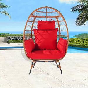 Patio Oversized Brown Wicker Outdoor Lounge Chair Egg Chair with Red Cushions