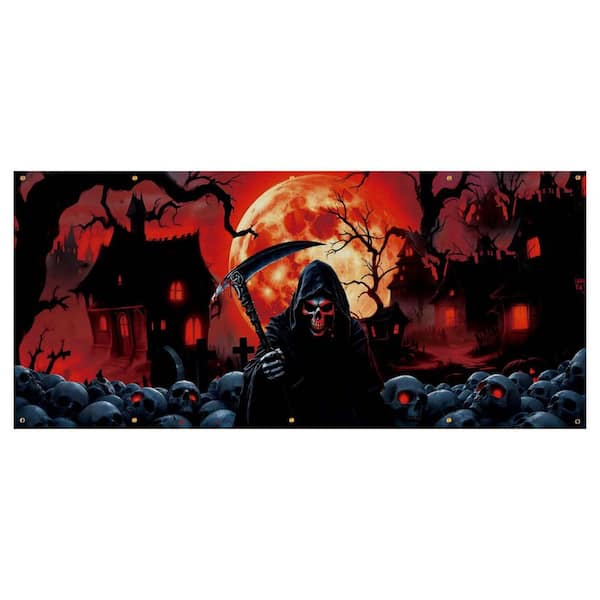 Large Halloween Garage Door Decorations w/Grim Reaper Banner Skull Ghosts Design 7 x 16 ft. Black & Red Backdrop