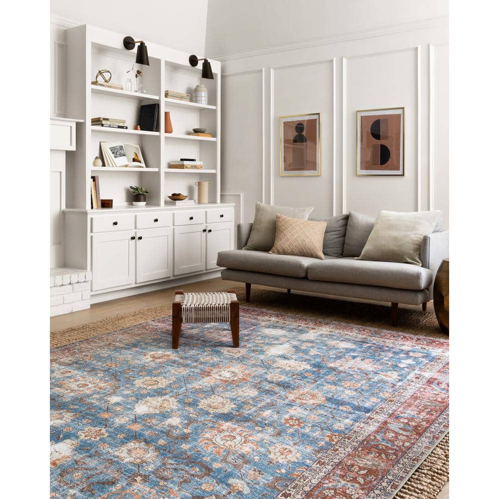 Loren Blue and Brick Vintage Polyester Area Rug 7'-6" x 9'-6"