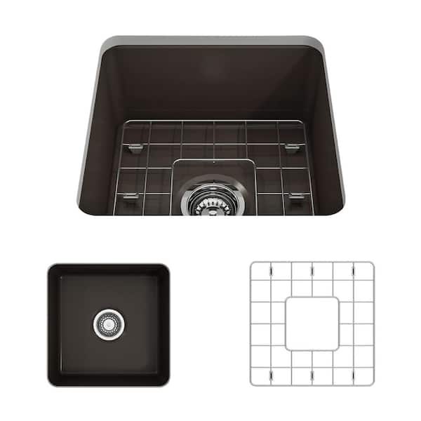 BOCCHI Sotto Undermount Fireclay 18 in. Single Bowl Kitchen Sink with Bottom Grid and Strainer in Matte Brown
