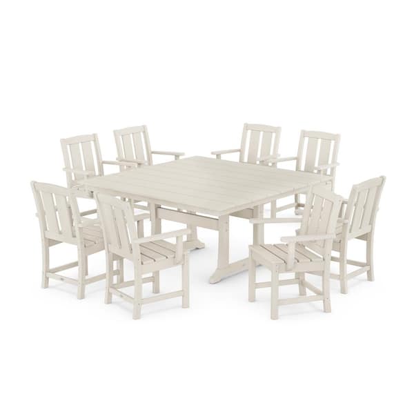 POLYWOOD Mission 9-Piece Farmhouse Trestle Plastic Square Outdoor Dining Set in Sand
