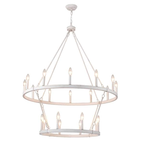 12 Plus 8-Light Vintage White Classic Wagon Wheel Chandelier for Living Room Dinning Room with No Bulbs Included