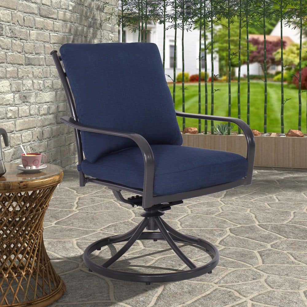 Aluminum Patio Swivel Dining Chairs with Thick Blue Seat and Back Cushions,