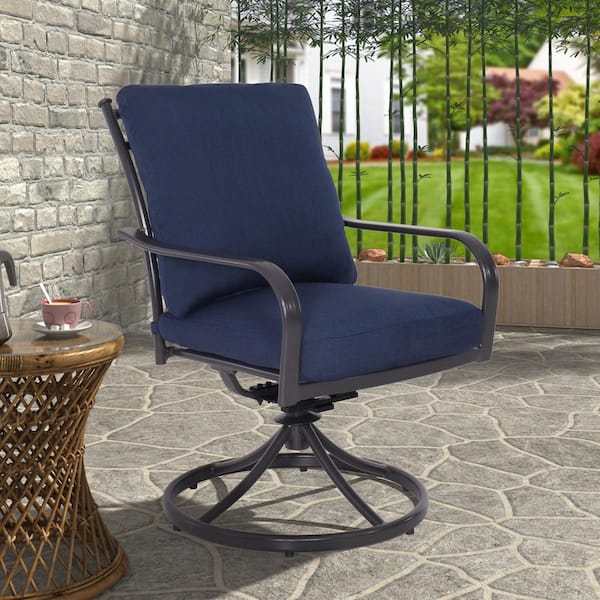 Unbranded Aluminum Patio Swivel Dining Chairs with Thick Blue Seat and Back Cushions, All-Weather Outdoor Gentle Rocker (2-Pack)