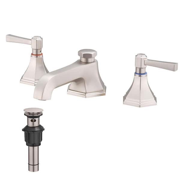 8 in. Widespread Double Handle Low Arc Bathroom Faucet with Drain Kit, Easy to Install, Drip Free in Brushed Nickel