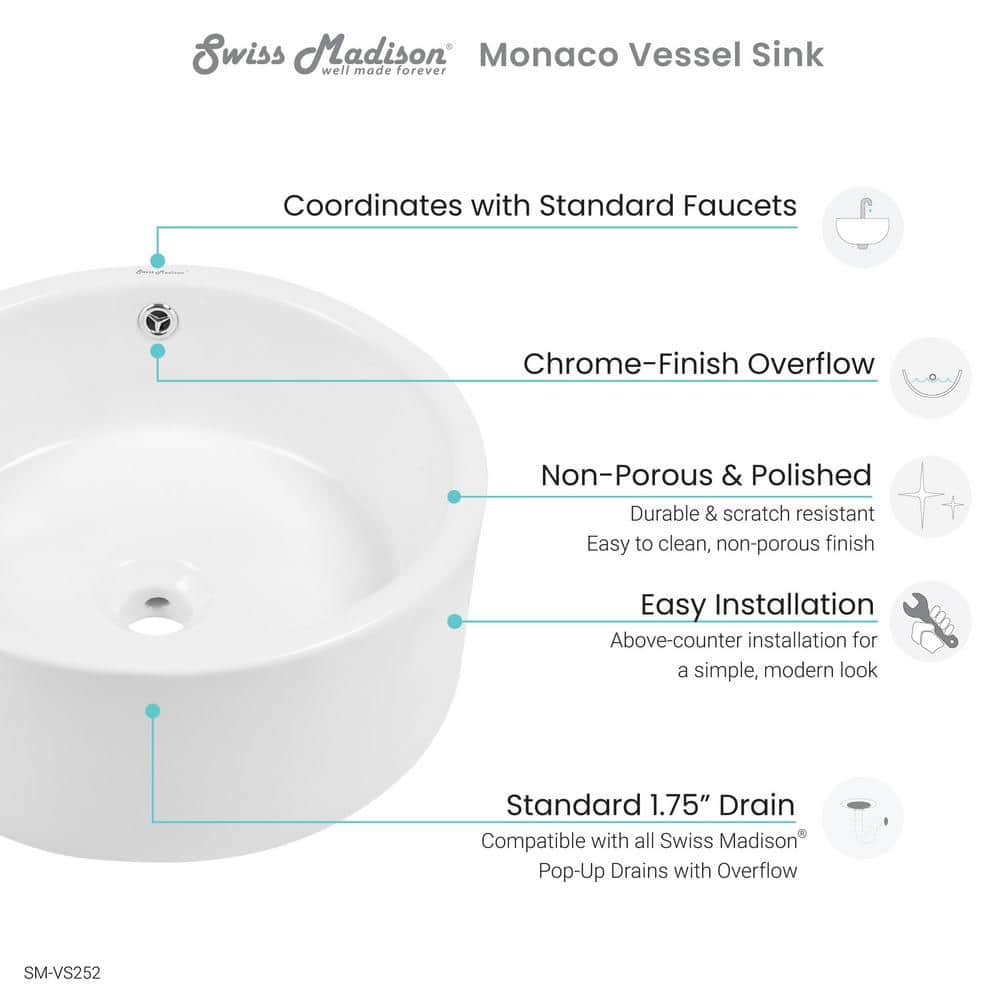 Monaco 16" White Ceramic Round Bathroom Vessel Sink
