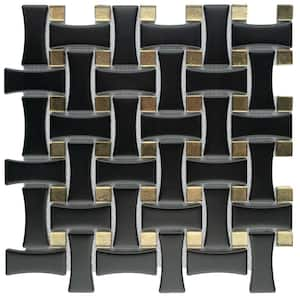 Metro Dog Bone Basketweave Matte Black with Glass Gold Dot 10 in. x 10 in. Porcelain Mosaic Tile (7.1 sq. ft./Case)