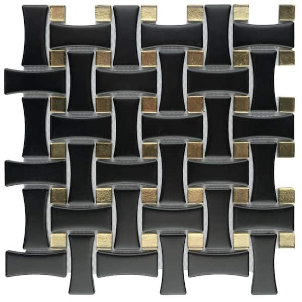 Merola Tile Metro Dog Bone Basketweave Matte Black with Glass Gold Dot 10 in. x 10 in. Porcelain Mosaic Tile (7.1 sq. ft./Case)