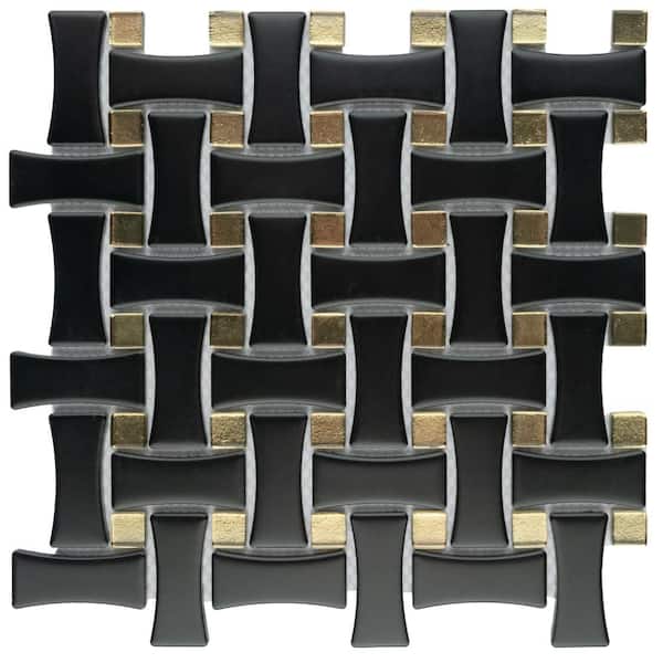 Merola Tile Metro Dog Bone Basketweave Matte Black with Glass Gold Dot 6 in. x 6 in. Porcelain Mosaic Take Home Tile Sample