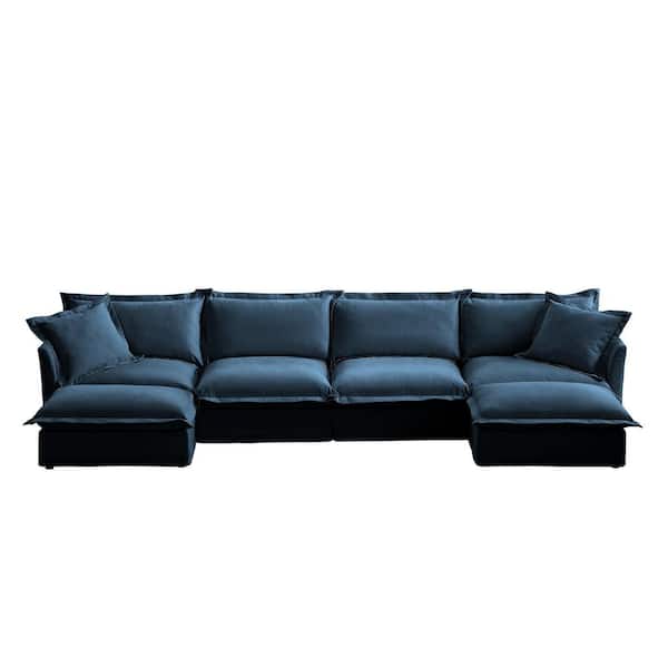 104.6 in. Square Arm Polyester Fabric Modern L-Shaped 3 Seater Sofa with Ottoman in Gray
