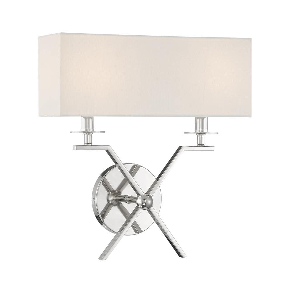Polished Nickel 2-Light Wall Sconce with White Fabric Shade