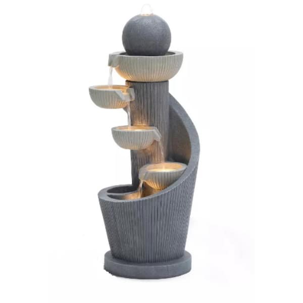 LuxenHome Gray Resin Spiral Sculpture with Bubbler 5-Tier Outdoor Waterfall Fountain with Lights