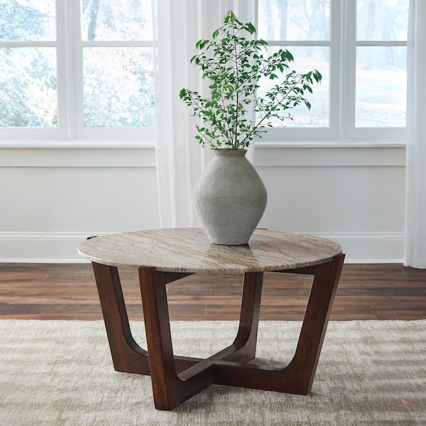 Tanidore 36 in. Brown Round Marble Coffee Table