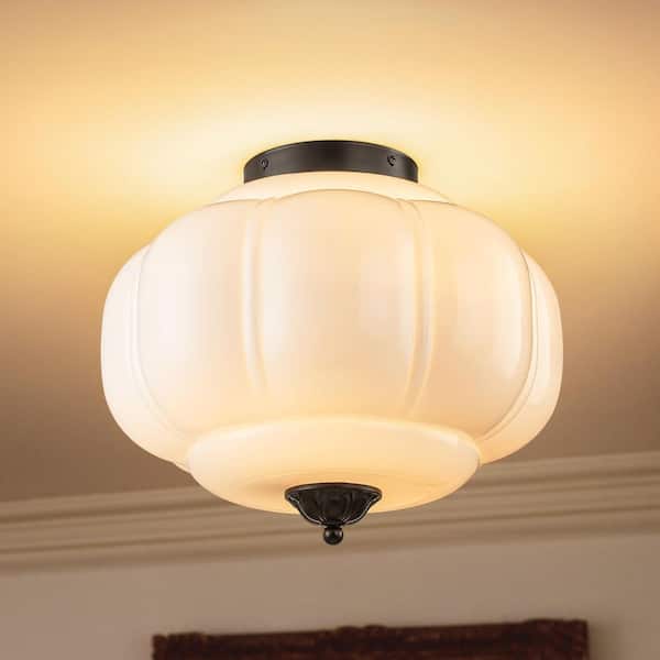 Elizabeth 15" 3-Light Vintage Black Cone Frosted Glass Semi-Flush Mount Ceiling Light for Foyers, Hallways