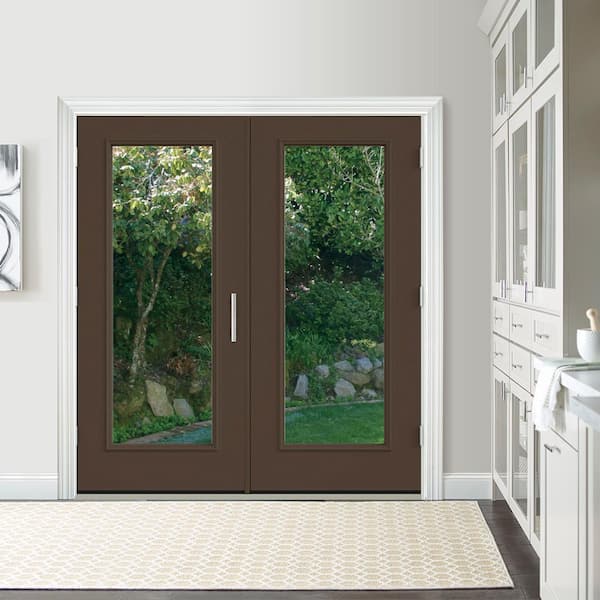 72 in. x 80 in. Dark Chocolate Painted Steel Right-Hand Inswing Full Lite Glass Stationary/Active Patio Door
