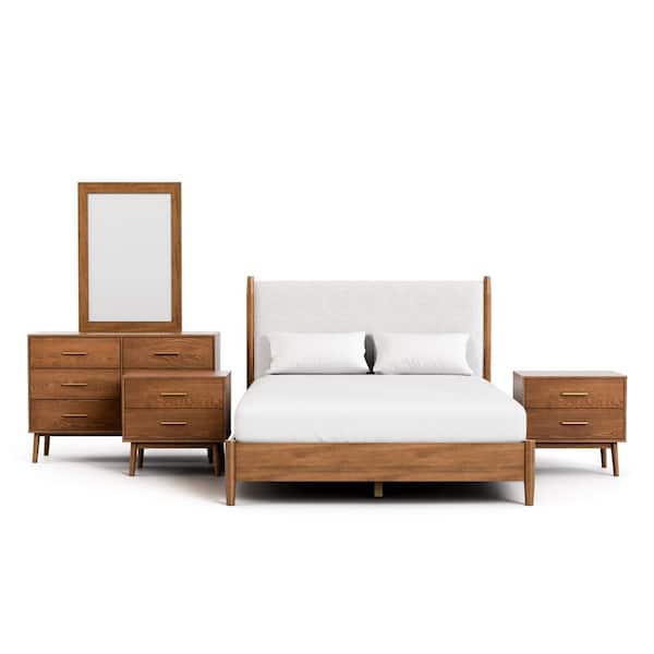 Riverstone 5-Piece Mid Century Boucle Walnut Wood Queen Bedroom Set with 2 Nightstands and Dresser/Mirror