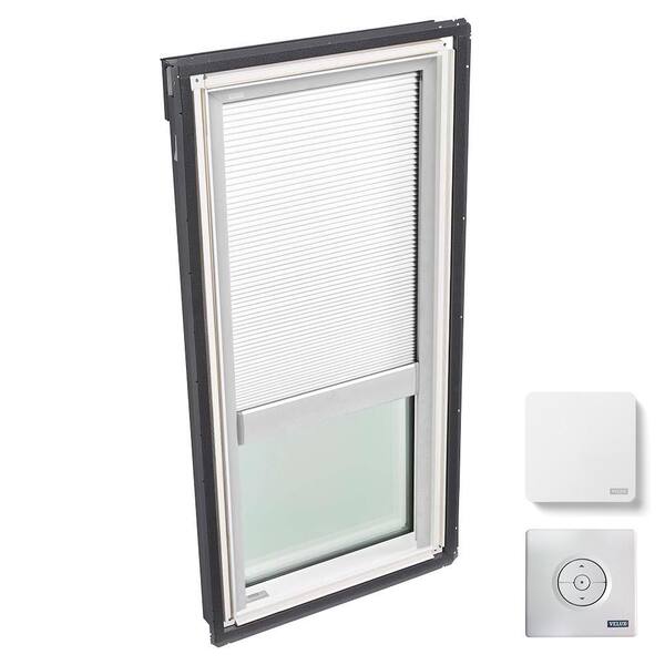 VELUX 30-1/16 in. x 54-7/16 in. Fixed Deck-Mount Skylight w/ Laminated Low-E3 Glass, White Solar Powered Room Darkening Blind