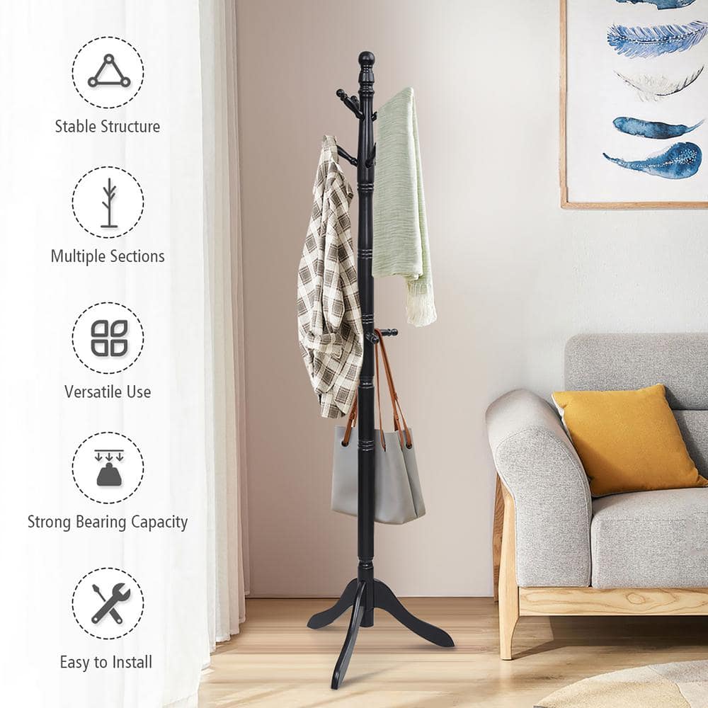 Adjustable Black Rubber Wood Coat Rack with 9 Hooks