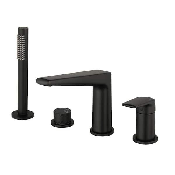 Single-Handle Brass Tub-Mount Roman Tub Faucet with SS Hand Shower, 4 Hole Bathtub Shower Faucet in Matte Black