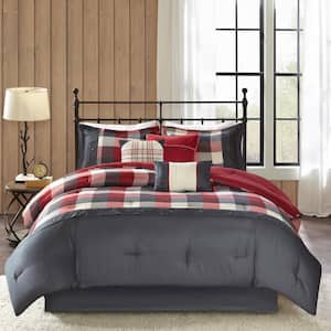 Pioneer 7-Piece Red Plaid Polyester King Herringbone Comforter Set