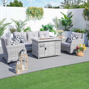 Torch Grey 5-Pieces Wicker Patio Conversation set with Fire pit and Grey Cushions