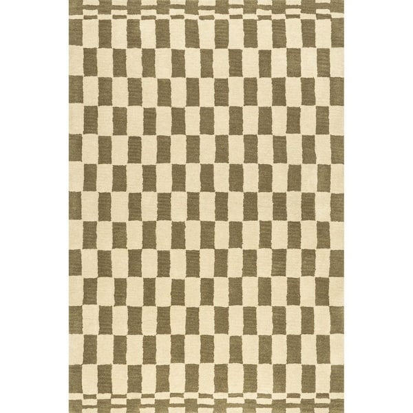 RUGS USA Kia Checkerboard Wool Olive 3 ft. x 5 ft. Indoor/Outdoor Patio Area Rug