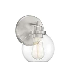 Carson 5.5 in. W x 8.5 in. H 1-Light Satin Nickel Bathroom Vanity Light with Clear Glass Shade
